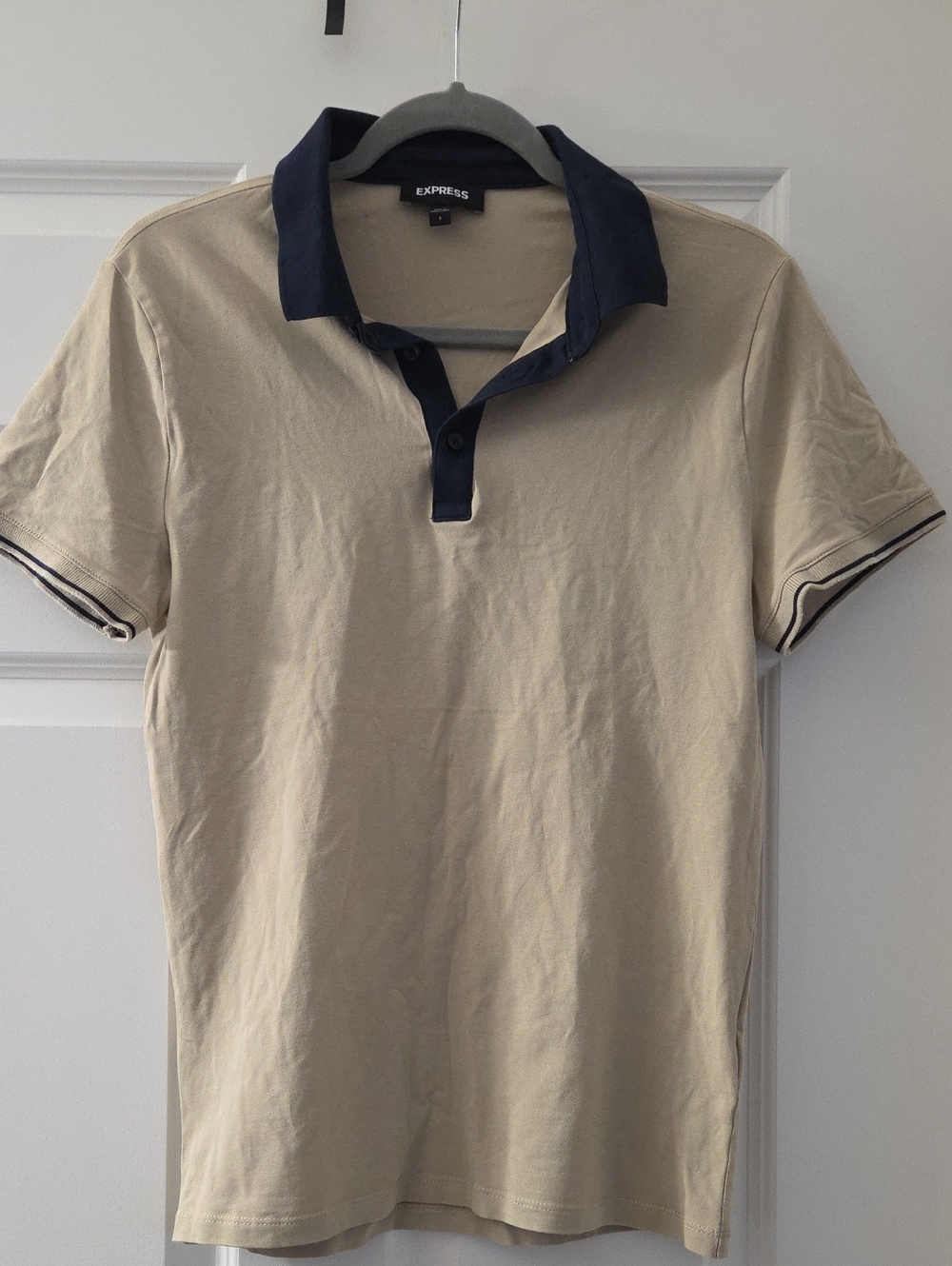 Express Men’s Beige Polo with Navy Collar and Trim